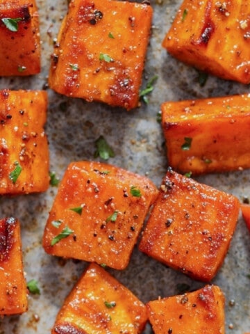 roasted sweet potatoes in tray