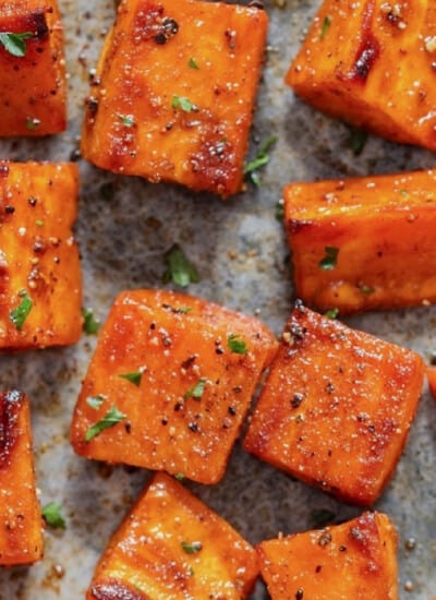 roasted sweet potatoes in tray