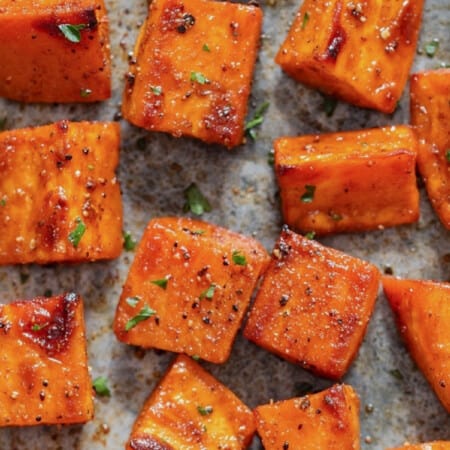 roasted sweet potatoes in tray