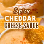 nacho dipped in spicy nacho cheese sauce served in small bowl with text