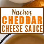 nacho dipped in spicy nacho cheese sauce served in small bowl with text
