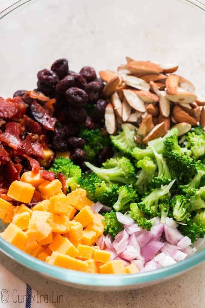 broccoli salad ingredients in a bowl