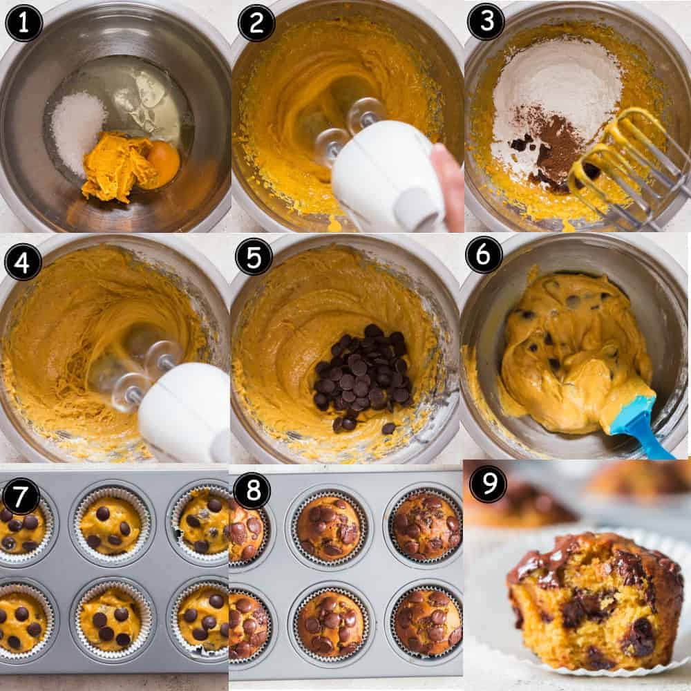 step by step pictorial collage for chocolate chip pumpkin muffins