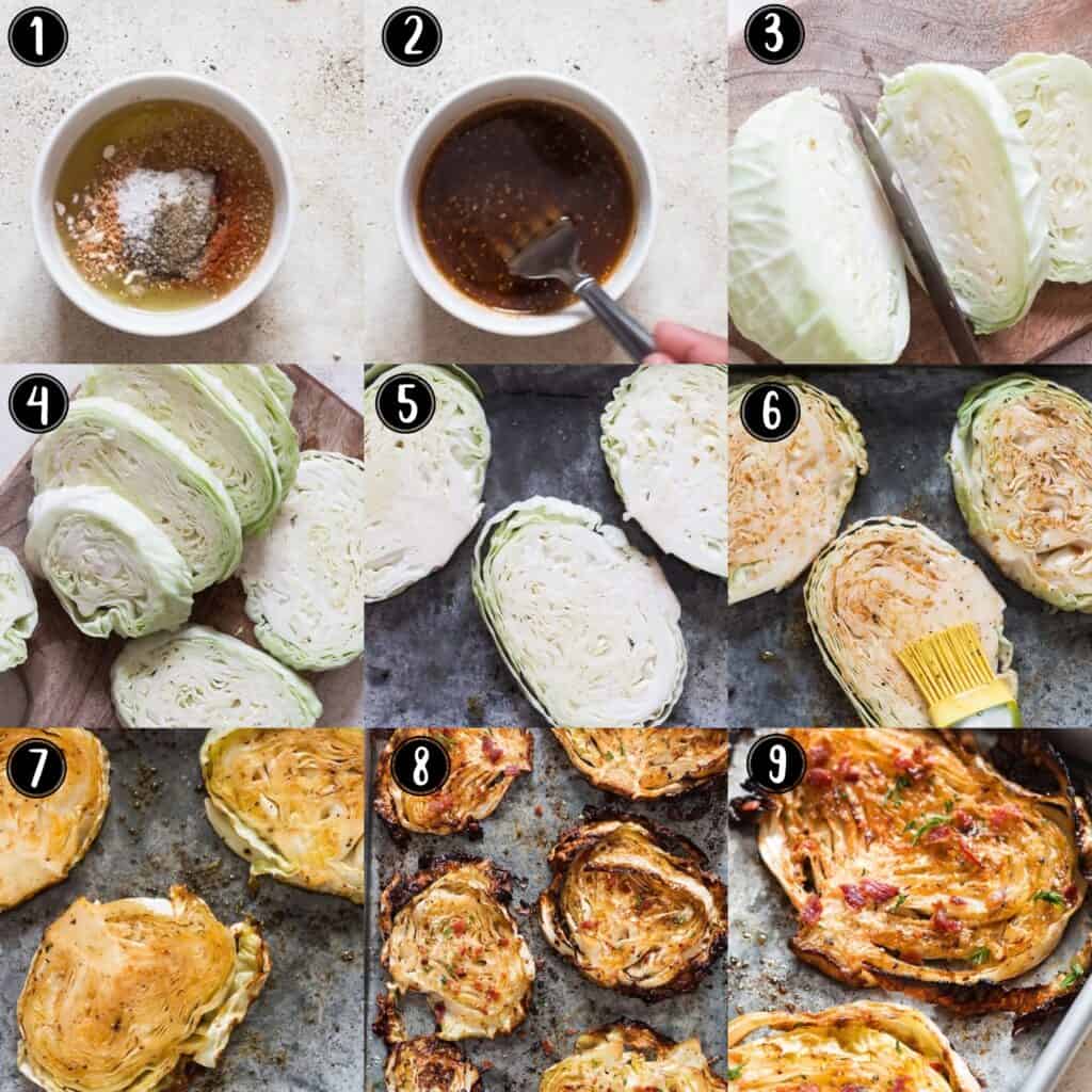 step by step picture collage of roasted cabbage steaks