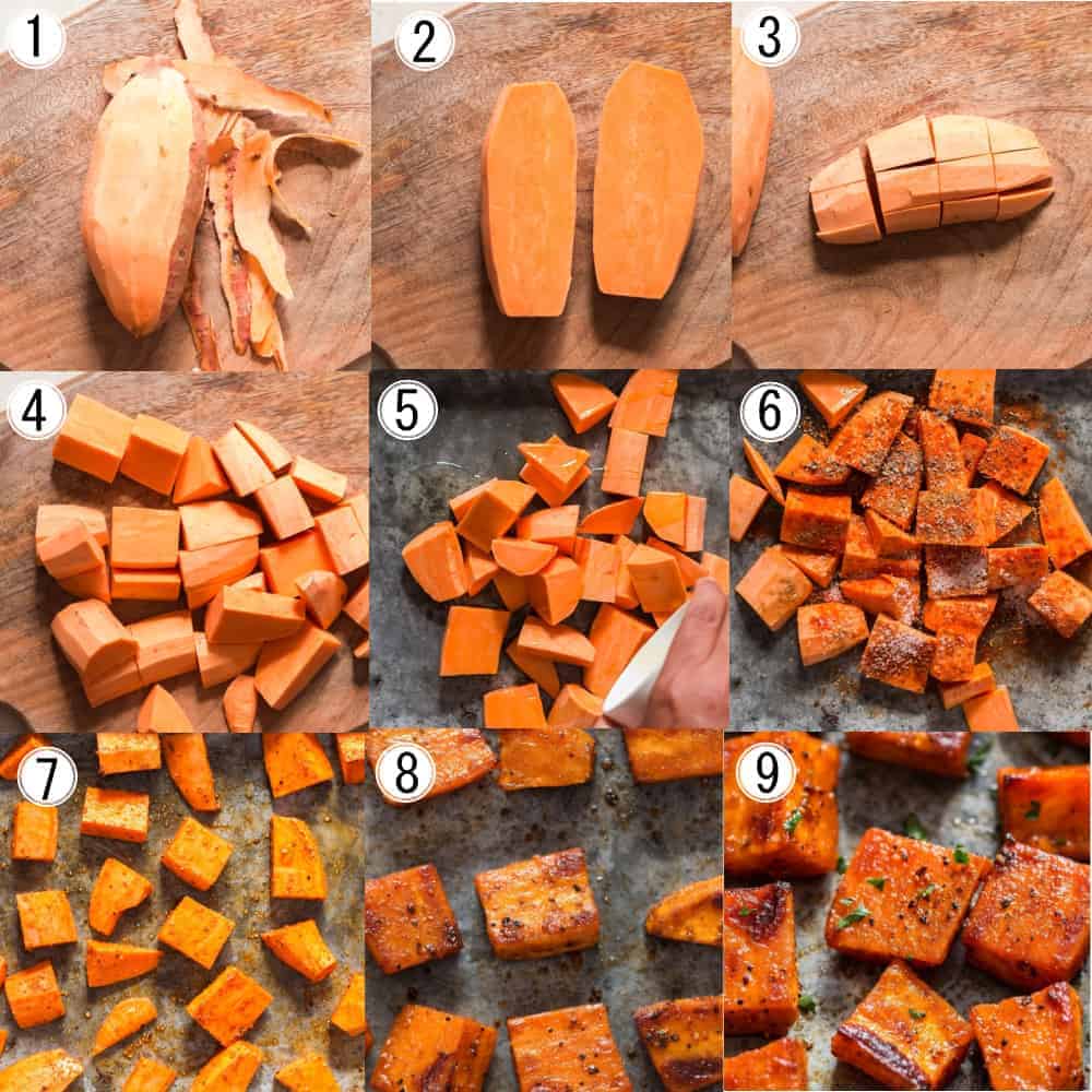 step by step picture collage on how to roast sweet potatoes