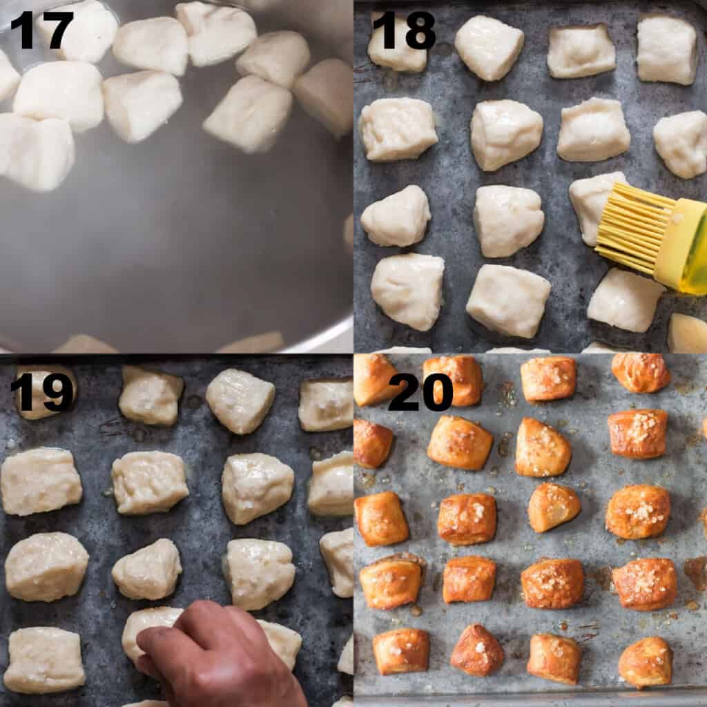 Step-by-step picture collage of baking bite-sized pretzels.