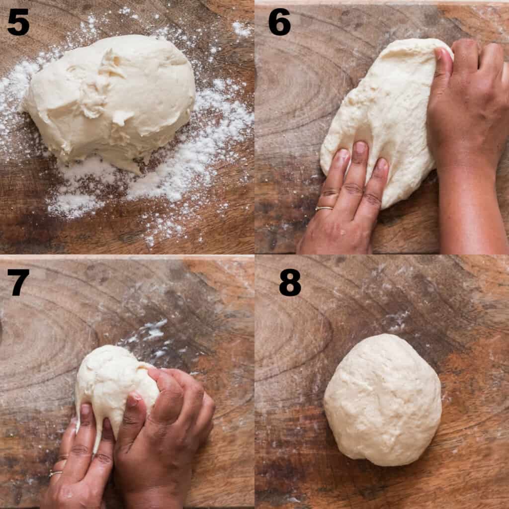 Step-by-step picture of kneading pretzel dough on a wooden surface.