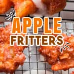 homemade fritters with apples with glaze with text overlay