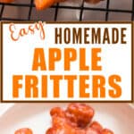 homemade fritters with apples with glaze with text overlay