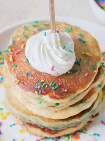 close up view of birthday cake pancakes