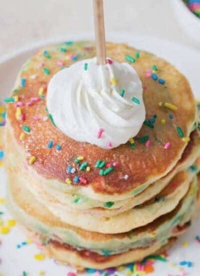 close up view of birthday cake pancakes