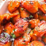 honey glazed carrots served in white ceramic bowl with text