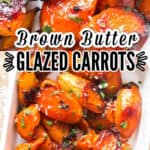 glazed carrots in serving white dish with text