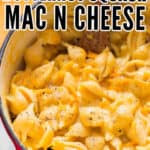 pot with creamy mac and cheese made using butternut squash with text