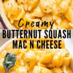 creamy butternut squash mac and cheese in pot with wooden spatula with text