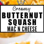 healthy mac and cheese in pot with text