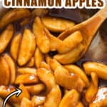 apple slices cooked with cinnamon in skillet with text