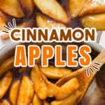 cinnamon apples with ice cream cooked in skillet and served in white bowl with text
