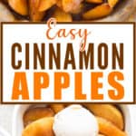 cinnamon apples with ice cream in white bowl with text