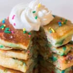 Birthday cake pancakes stacked