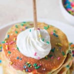 Funfetti pancakes stacked up