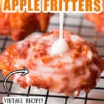 homemade glazed apple fritters on wire rack with text overlay