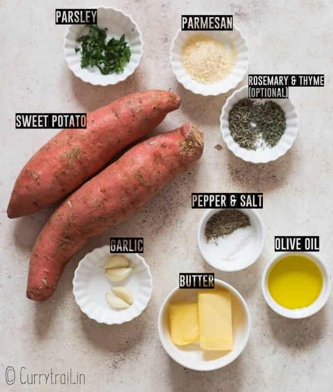 all ingredients for smashed sweet potatoes on white board