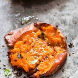 crispy and creamy smashed sweet potatoes on baking tray