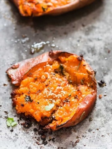 crispy and creamy smashed sweet potatoes on baking tray