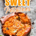 smashed sweet potatoes on baking tray with text