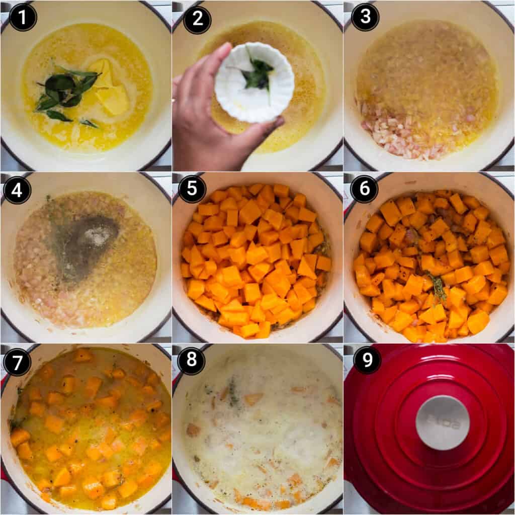 step by step picture collage of how to make butternut squash mac and cheese recipe