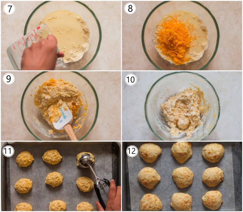 step by step pictorial collage on how to make cheddar drop biscuits
