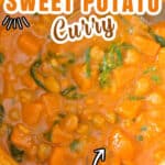 sweet potato chickpea curry in pot with text