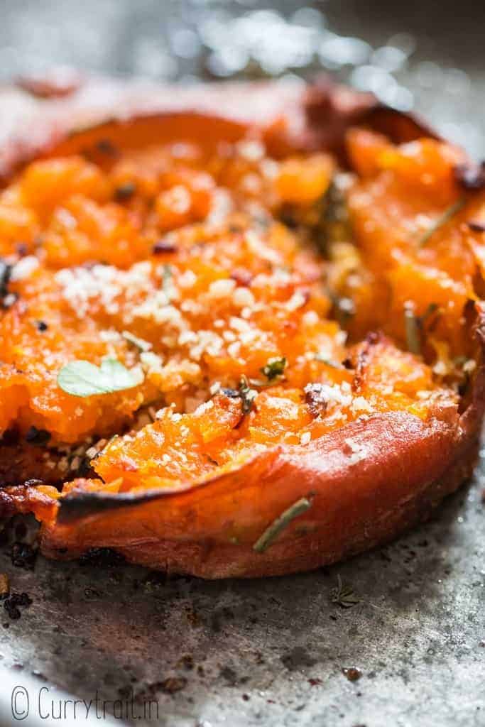 smashed sweet potatoes on baking tray