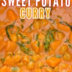 sweet potato chickpea curry in pot with text