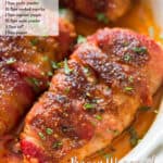 chicken breasts wrapped in bacon and cooked in oven with text overlay
