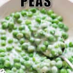 beat ever creamed peas recipe in ceramic bowl with text