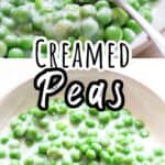 beat ever creamed peas recipe in ceramic bowl with text