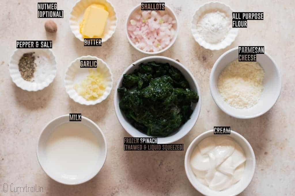 all ingredients for creamed spinach on white board