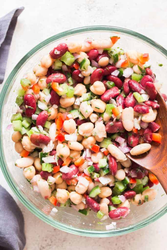 easy 3 bean salad in glass bowl