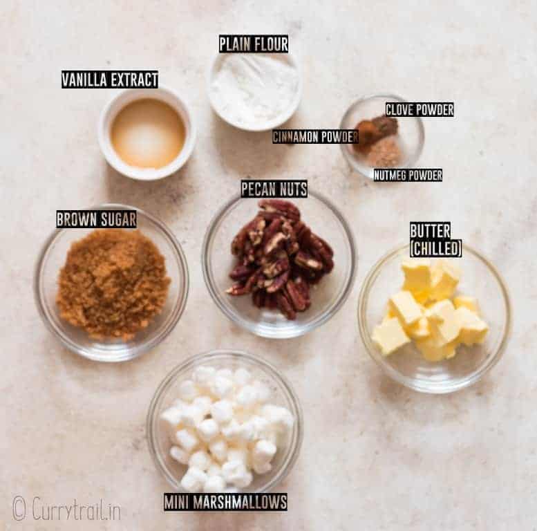 ingredients for sweet potato casserole toppings on white board