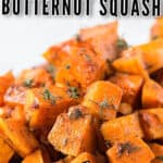 roasted butternut squash recipe in white ceramic bowl with text