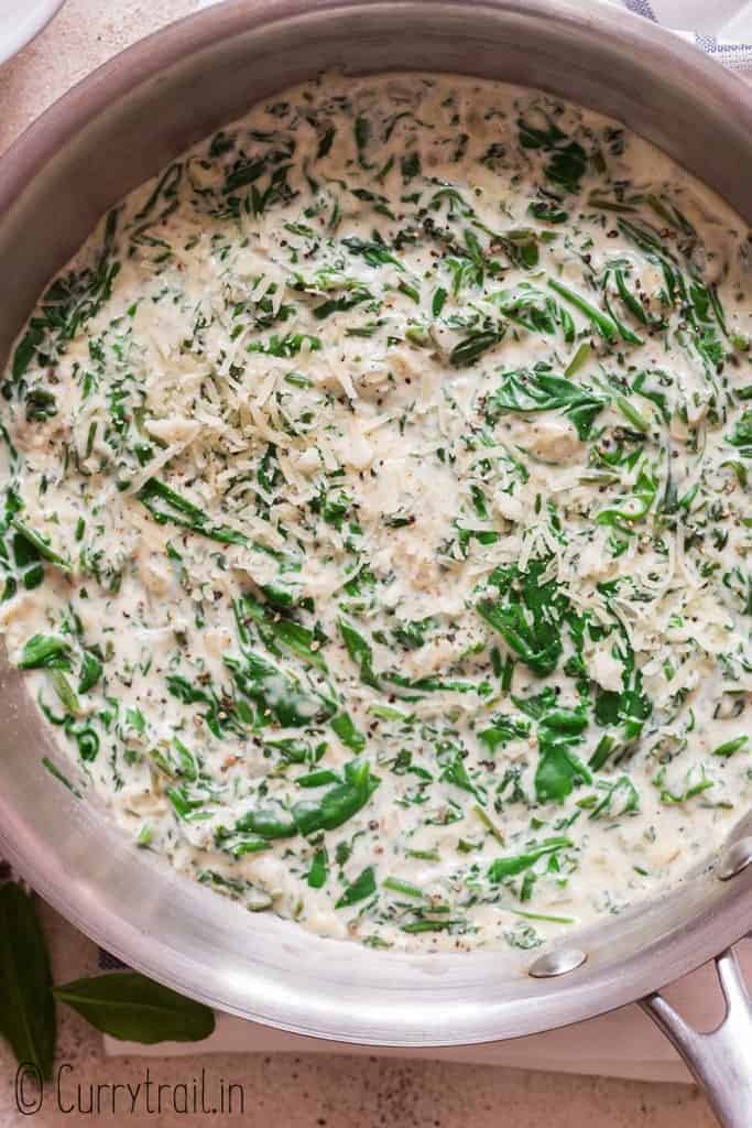 Steakhouse copycat creamed spinach cooked in skillet