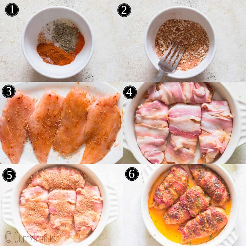 step by step picture collage for bacon wrapped chicken