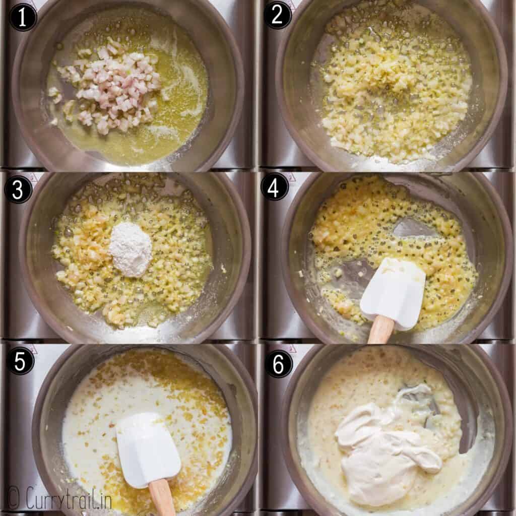 step by step picture collage of creamed spinach cooked in skillet