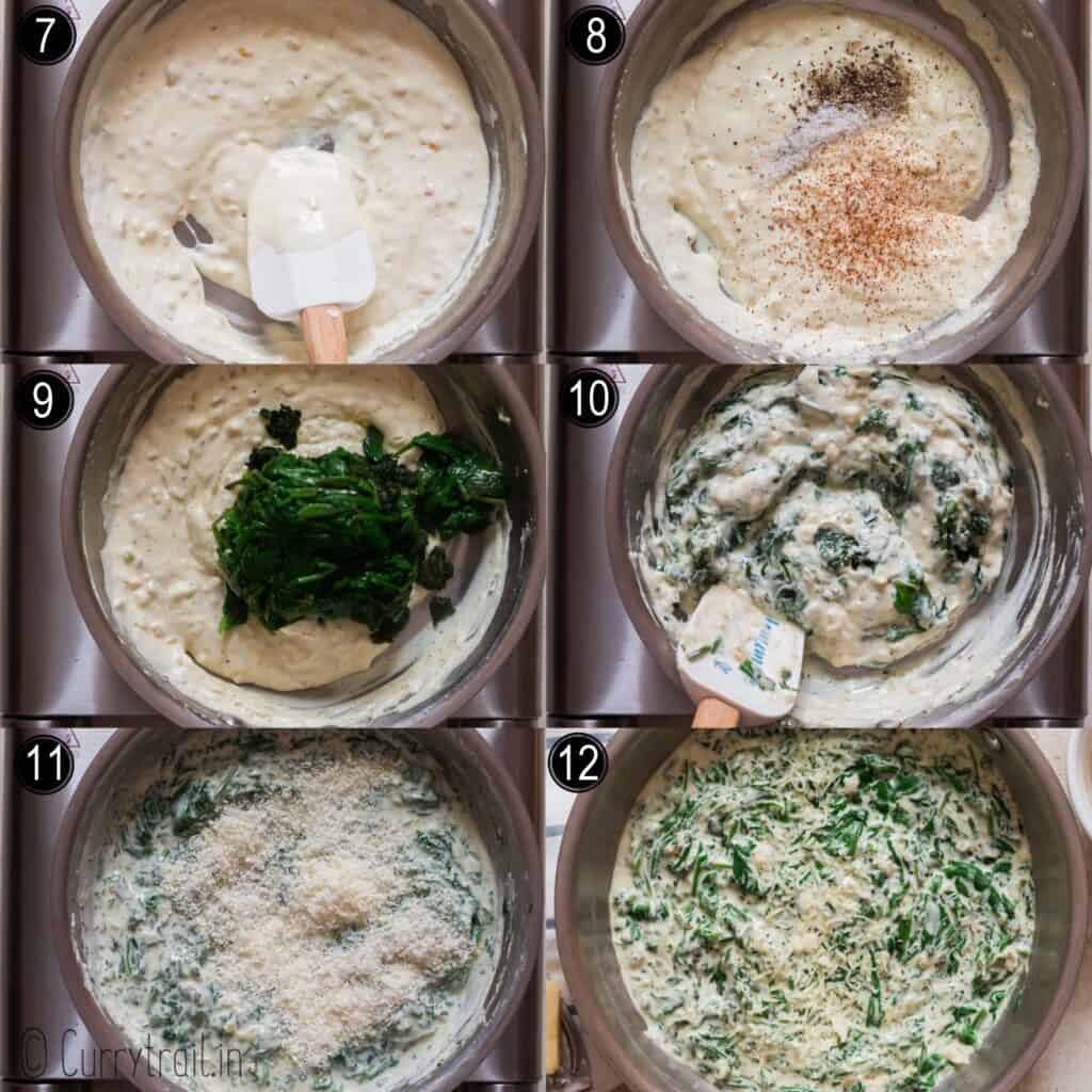 step by step picture collage of creamed spinach cooked in skillet