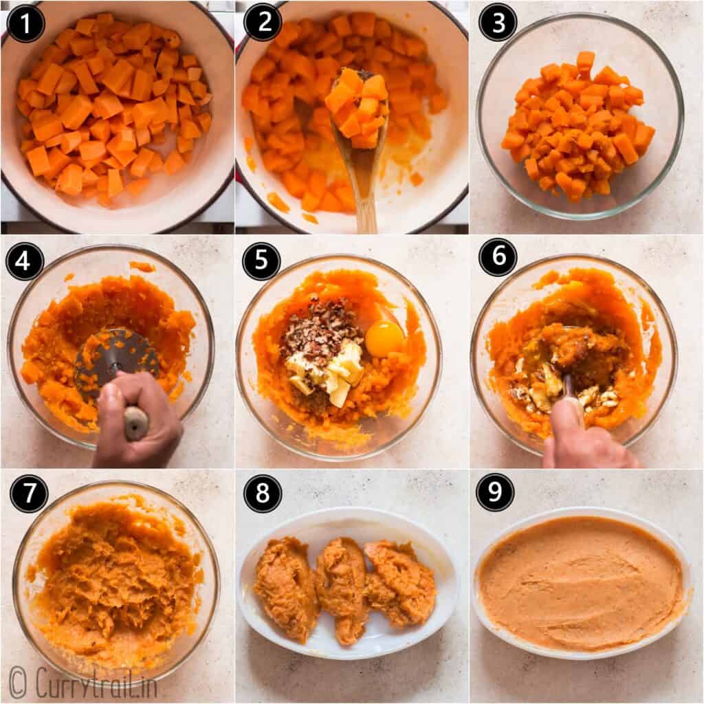 picture collage of how to make sweet potato casserole