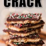 stacks of toffee crack candy with nuts and sprinkle toppings with text