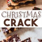 easy to make Christmas crack topped with nuts and sprinkles with text
