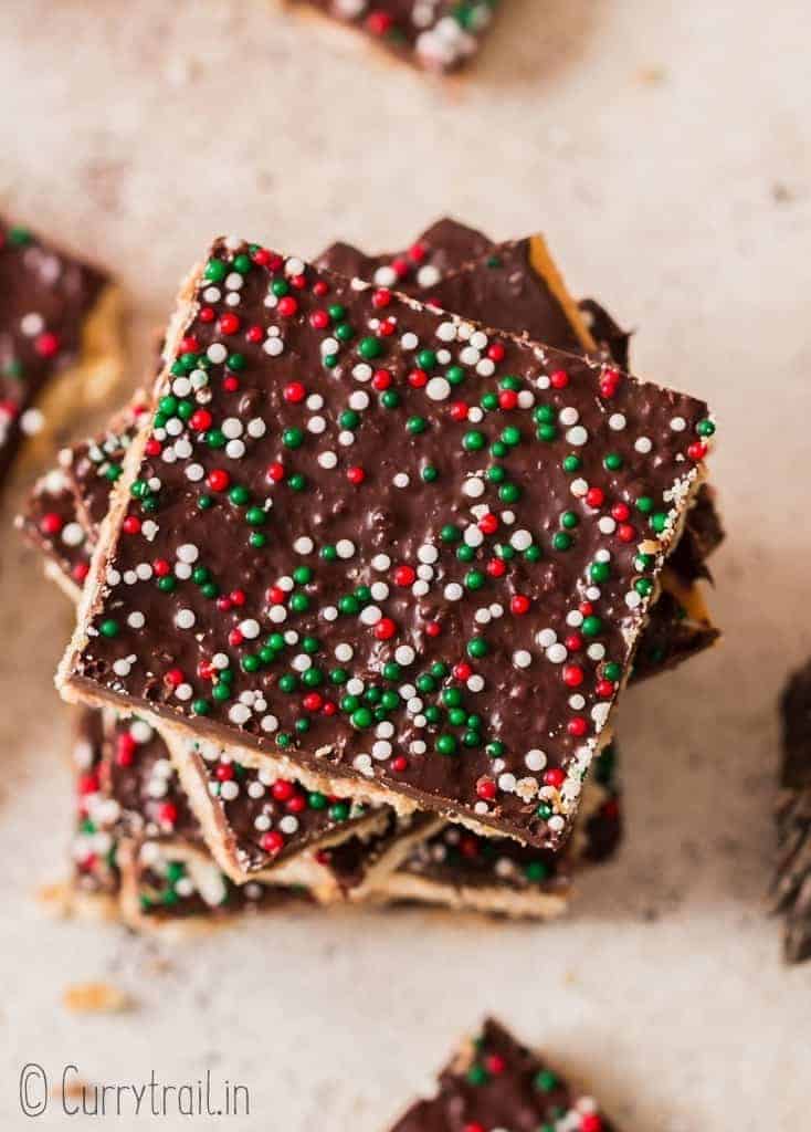 stacks of Christmas crack on board